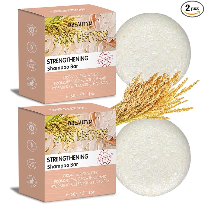 DBEAUTYM 2 Pack Rice Water Hair Shampoo Bar,Solid Shampoo Bar for Hair Growth – Strengthening Hair Shampoo for Men and Women – Reduce Breakage,Boosts Shine,Soap for Dry Damaged Hair
