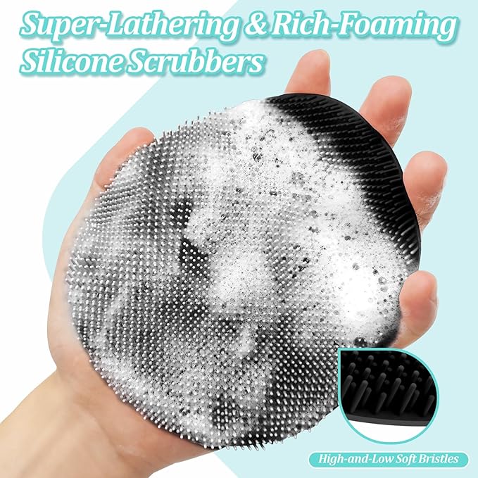 Back Scrubber for Shower & Silicone Bath Glove Set, 19’’ Detachable Long Handle Body Scrubber Wet or Dry Brush, Adjustable 2-in-1 Back & Body Brush with Soft Bristles for Deep Cleaning(White)