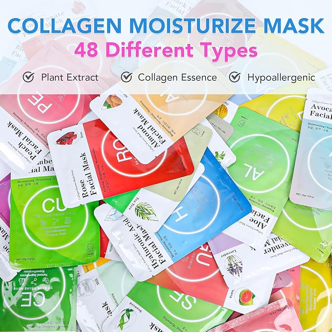 48 Packs Collagen Essence Sheet Facial Masks, Plant Extract and Sodium Hyaluronate, Skincare for All Skin Types, Moisturizing and Soothing, Natural Skin Care Spa Korean Face Mask