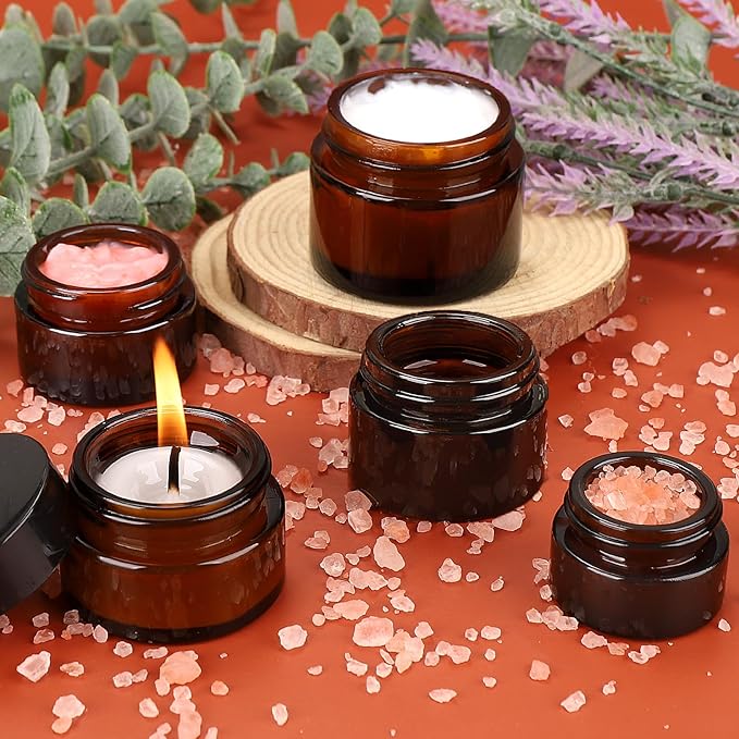 Accmor Glass Jars with Lids, 4 Pack 2 OZ Amber Makeup Sample Container with Inner Liners & Spatulas, Leak Proof Round Travel Cosmetic Storage for DIY Making Lotions, Creams, Body Scrub, Bath Salts