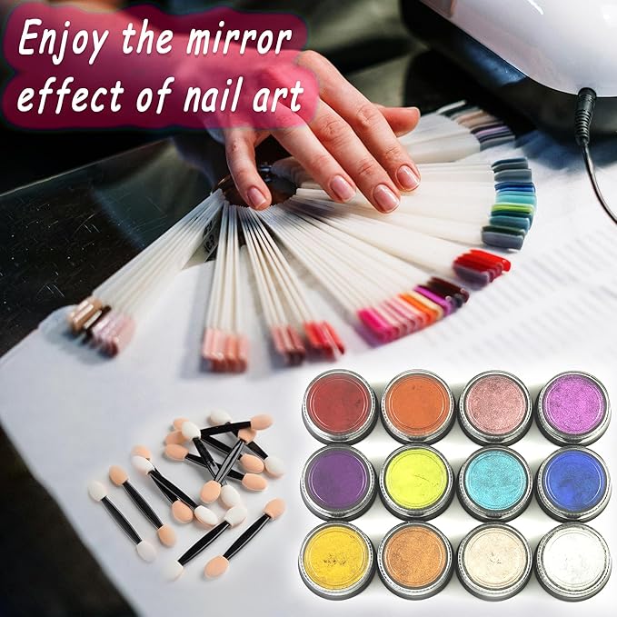 Chrome Nail Powder 12 Colors Metallic Chrome Powder for Nails Mirror Effect Neon Red Green Blue Purple Chrome Powder Set Extra Fine Glitter Rub Pigment Y2K Nail Design Manicure Supplies