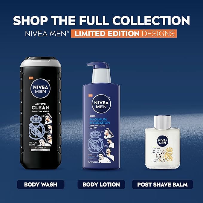 NIVEA MEN Real Madrid Limited Edition Design Active Clean Body Wash with Natural Charcoal for Normal to Oily Skin, 3-in-1 Charcoal Body Wash, Face and Hair, 16.9 Fl Oz Bottle, Pack of 3