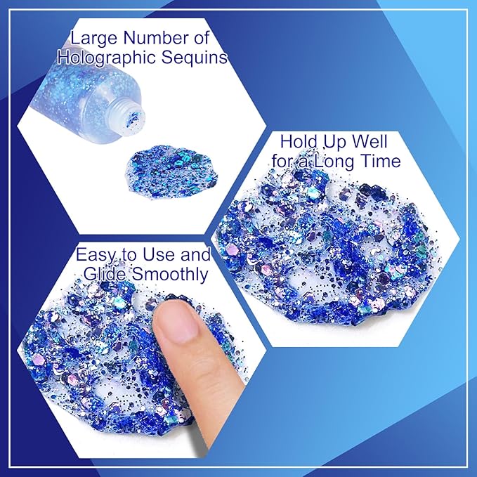 MEICOLY Chameleon Blue Hair Glitter,Holographic Chunky Face Glitter Gel,4th of July Outfits for Women, Patriotic Independence Day 4th of July Glitter Stick
