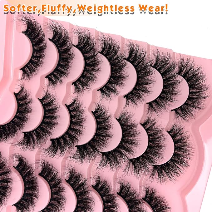 loladook Mink Lashes Cat Eye Wispy 18mm Fluffy Strip Lashes Pack C Curl Natural Flase Eyelashes 3D Long Cateye Faux Mink Eyelashes Bulk