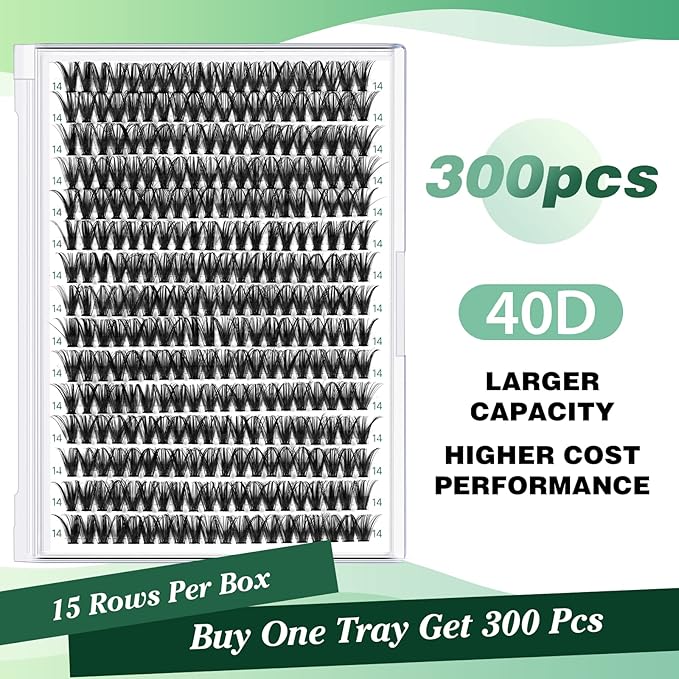 KEYYOU Lash Clusters 300pcs Individual Lashes, 40D 0.07D Curl 14mm DIY Eyelash Extension, Soft & Natural Volume Cluster Lashes with Large Tray