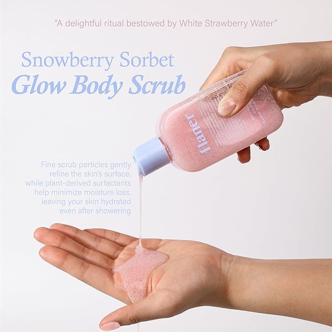 FLANER Snowberry Sorbet Glow Body Scrub – Gentle Exfoliating Scrub, Brightening & Hydrating Formula with 9,800ppm of White Strawberry Water and Niacinamide, Korean Body Wash for Silky Soft Skin