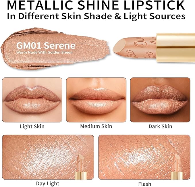 Oulac Matte Nude Lipstick with Glow Metallic Finish - Vegan Lipstick for Women, Creamy Texture, Hydrating Clean Beauty Formula, High-End Magnetic Hook Design, GM01 Serene