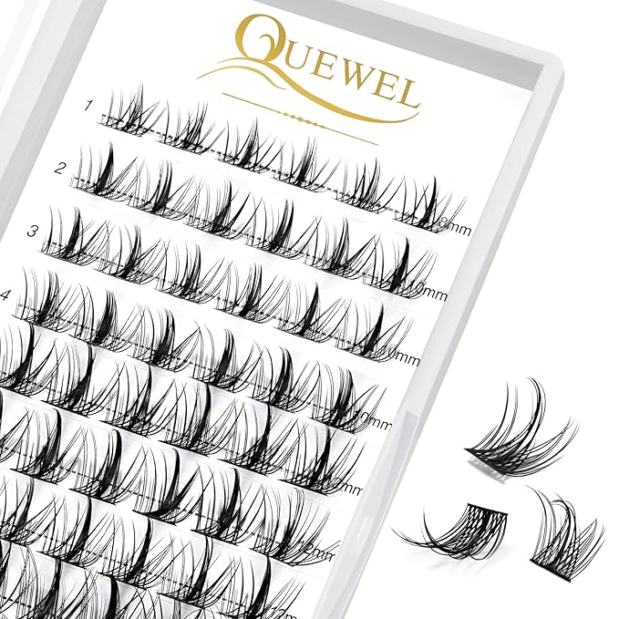 QUEWEL Lash Clusters 72 Pcs Wide Stem Individual Lashes C/D Curl 8-16mm Length DIY Lash Extension Soft False Eyelashes Wispy Cluster Lashes Easy to Create Natural Look At Home(Sparkle-C-MIX8-16mm)