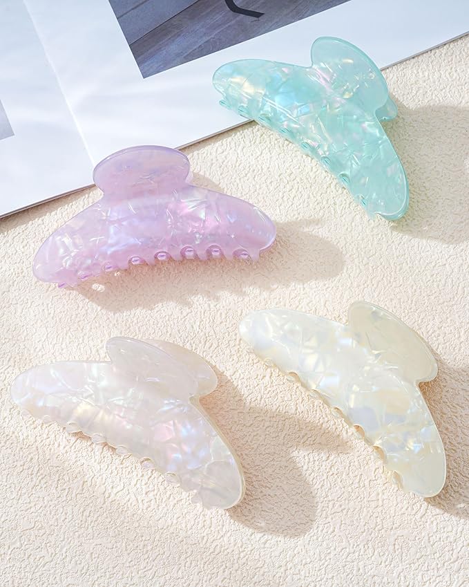 Mesovor 4 Pack Acrylic Hair Clips Claws, Nonslip 4.1" Large Hair Grip Hairclips for Thin and Thick | French Banana Barrettes Hair Strong Hold Hair Jaw Clamps (Pink, White, Green, Champagne)