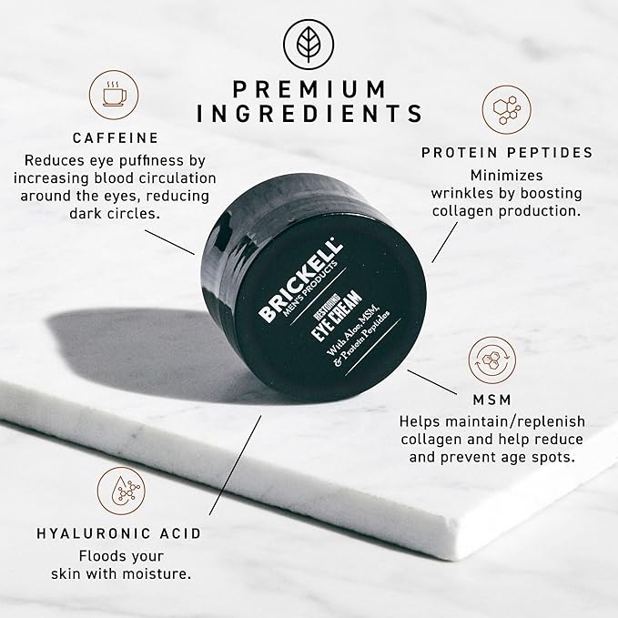 Brickell Men's Restoring Under Eye Cream for Men, Natural and Organic Anti Aging Eye Balm To Reduce Puffiness, Wrinkles, Dark Circles, Crows Feet and Under Eye Bags, 0.5 Ounce, Unscented