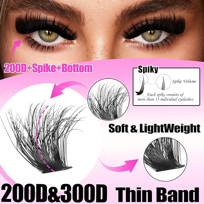 YIDUO Lash Clusters Kit 3D Volume 200D+300D+Spikes+Bottom Cluster Lashes Extensions Kit with Lash Bond and Seal |Tweezers |Removers |Eyebrow Brush (200D+300D-10-18MIX 3D Thick Kit)