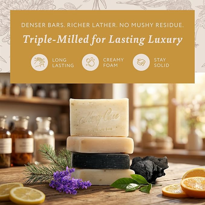 Mary Case Variety Bar Soap Set of 4 | Lavender, Tea Tree, Pine Tar & Charcoal Natural Soaps with Olive & Coconut Oils | Vegan Bath Soap for Men & Women | Hydrating & Nourishing Skin