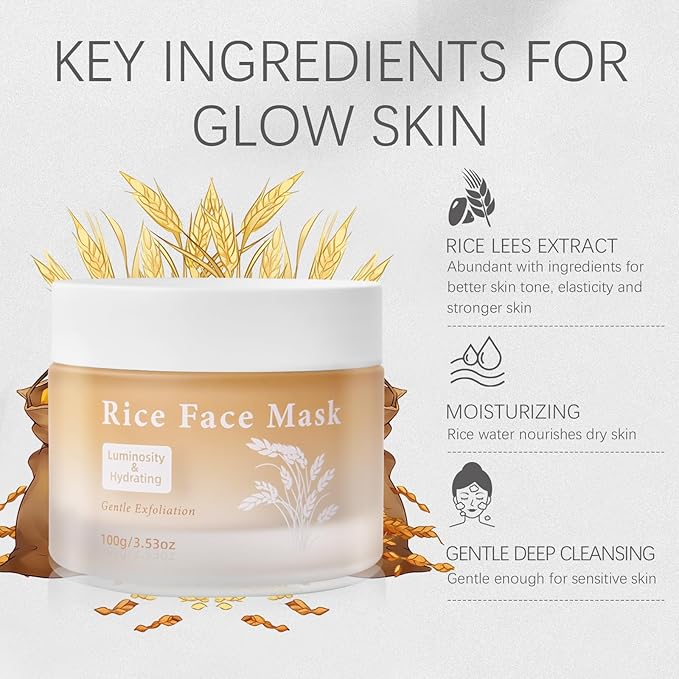 Rice Face Mask, Gentle Exfoliating Wash Off Facial Mask for Dull, Rough Skin, Pore Clearing, Remove Dead Skin Cells for All Skin Types 3.53 Fl Oz