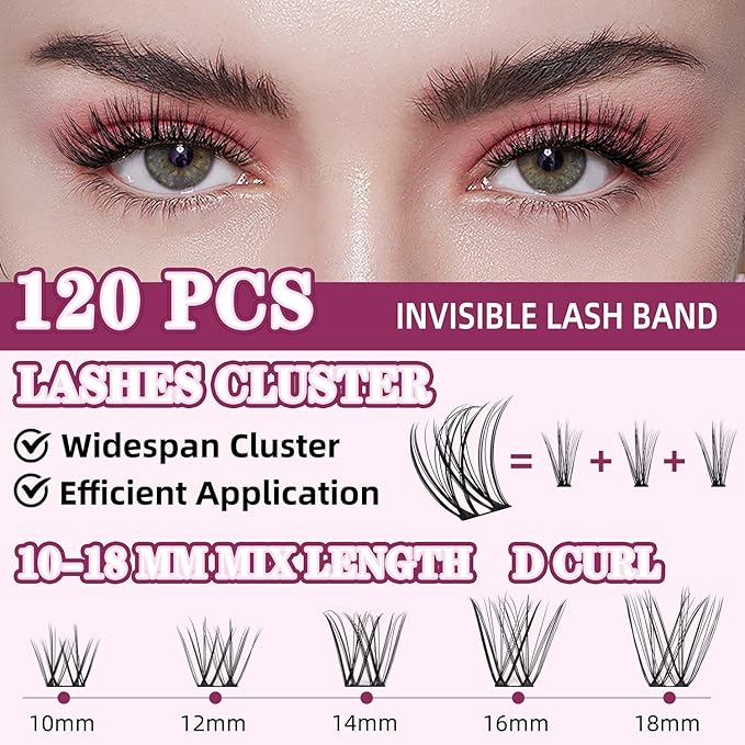 Natural Lash Clusters Kit 10-18mm Mix D Curl DIY Extension Eye Natural Lashes False Wispy EyeLash Cluster with Bond & Seal, Glue Remover, Tweezers(U26 Lash Kits)