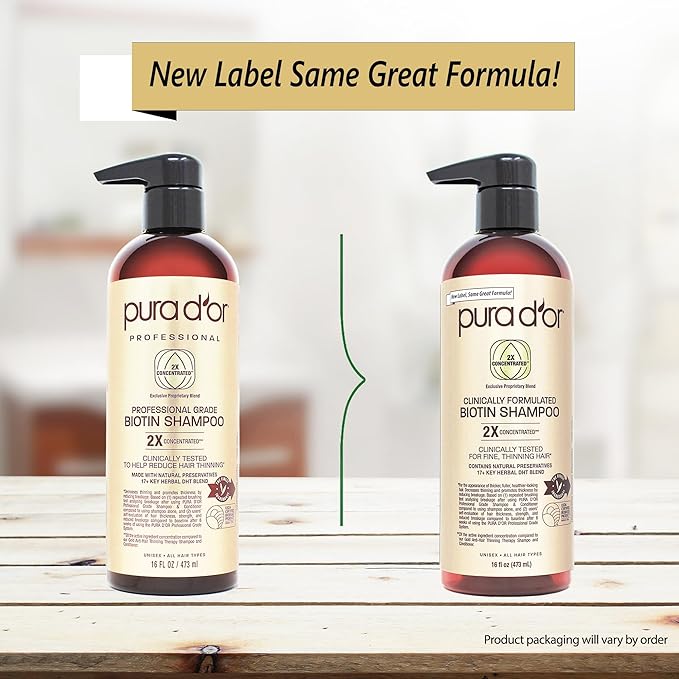 PURA D'OR 16 Oz Clinically Formulated Biotin Shampoo - Daily Hair Care Routine For Thinning Hair - 2X Concentrated 17+ Key Herbal Blend Hair Thickening Products For Women & Men