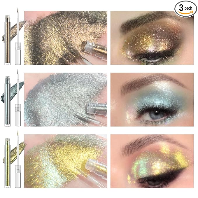Multichrome Liquid Eyeshadow Set,3 Colors Multi-Dimensional Eye Liner Makeup,High Pigment Waterproof Metallic Eye Shadow,Ultre Fine Tip Glitter Eyeshadow (07 bronzer+08 armor+09 gold)