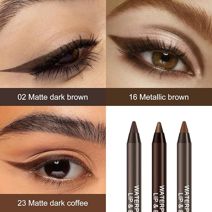 Ownest 3Colors Matte & Metallic Brown Gel Eyeliner Pen，Metallic-Finish Eyeliner Pencil Set for Women， Professional Eye Makeup Set - Colorful Eye liner with Sharpener