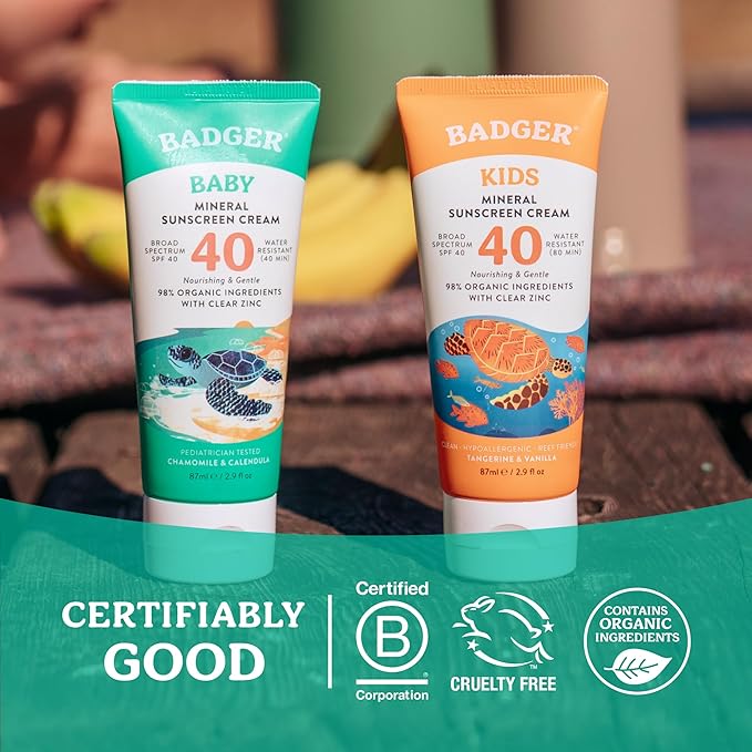Badger Mineral Baby Sunscreen Cream SPF 40, 98% Organic Toddler Sunscreen with Zinc Oxide, Broad Spectrum, Reef Safe, Water Resistant, Pediatrician Tested Baby Sunblock for Sensitive Skin, 2.9 fl oz