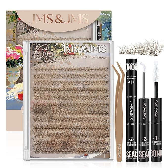 JMS&JMS Brown Lash Clusters Kit, Natural Lash Clusters Brown Eyelash Clusters Kit Clear Band C Curl Wispy Eyelash Extensions Kit With Waterproof Bond and Seal, Tweezers