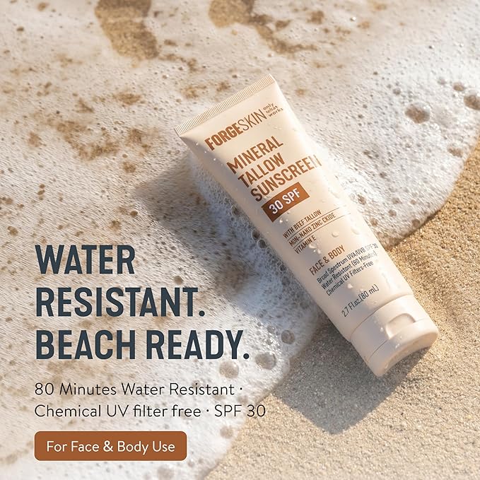 FORGE SKIN® Mineral Tallow Sunscreen SPF 30 [Tallow Based] Non Nano Zinc Oxide, Organic Non Toxic Sunscreen, No White Cast, Water Resistant Face & Body Sunblock | 2.7 oz