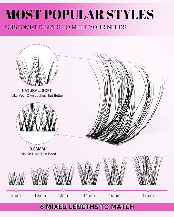 Magic Lash Clusters Natural 8-18mm Slightly Volume Wispy & Spikes Eyelash Clusters Extension Kit Individual DIY False Eyelash Extension Fake Eye Lashes With Wide & Thin Invisible Lash Band