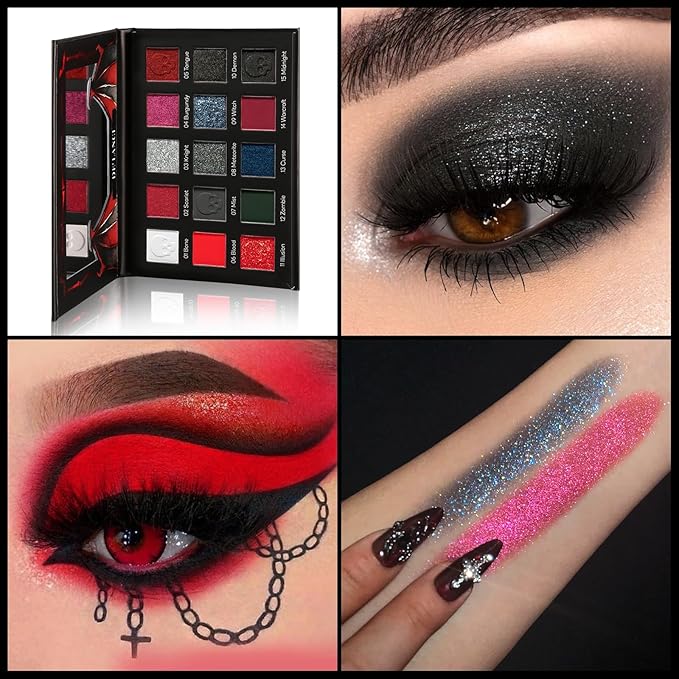 Red black Eyeshadow Palette, Goth Red Eye Shadow Halloween Makeup | Black Sliver Shimmer Glitter Eyeshadow Pallet, Burgundy Smokey Mattlic Cream Matte Eyesahdow for SFX Clown Vampire Christmas Looks