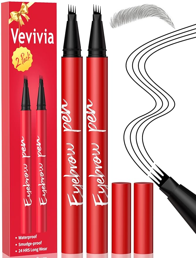 Vevivia Beauty Eyebrow Pencils for Women - Eyebrow Pen 2 Pack, Precise 4-Tip Brow Pencil for Natural-Looking Fuller Brows, Hair-Like Strokes for All Brow Types, Last All-Day Brow Pen, Black