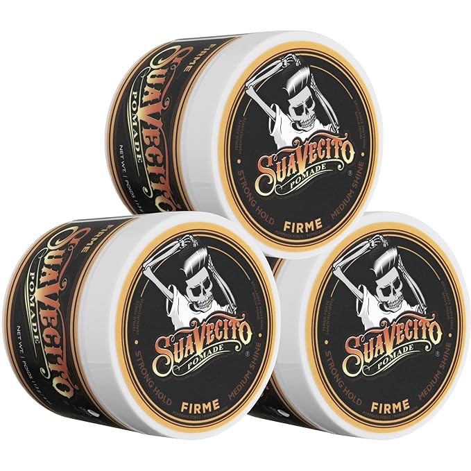 Suavecito Pomade Firme (Strong) Hold 4 oz, 3 Pack - Strong Hold Hair Pomade For Men - Medium Shine Water Based Wax Like Flake Free Hair Gel - Easy To Wash Out - All Day Hold For All Hair Styles