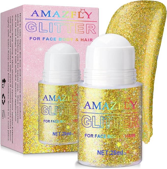 Roll-on Holographic Glitter Gel for Face & Hair, Sparkling Pink Shimmer Makeup, Color Changing Body Glitter for Festivals, Parties & Halloween,Chunky Mermaid Sequins Body Shimmer for Women(Laser Gold)