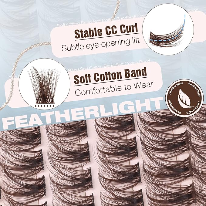 Brown Cluster Lashes Fairy Eyelash Clusters Natural Lash Extensions Wispy 3D Cluster Eyelash Extensions DIY Lash Extensions Soft Dark Brown Individual Eyelashes CC-Curly 8-16MM 144PCS