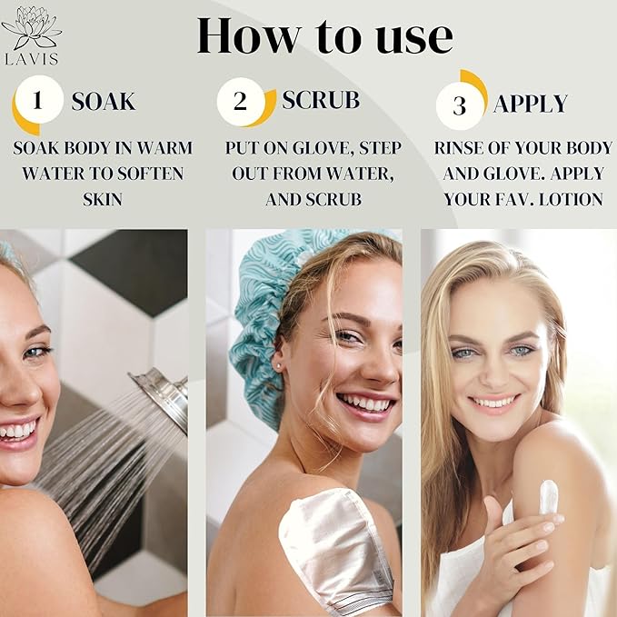 Lavis Exfoliating Glove Mitt for Body - Scrub Mitt- Dead & Dry Skin Cleaner -Turkish Bath Hammam Spa - Keratosis Pilaris Treatment - Kese- Fake Tan - Removes Dirt Grim Soft Skin -100% Natural 4Pcs Set
