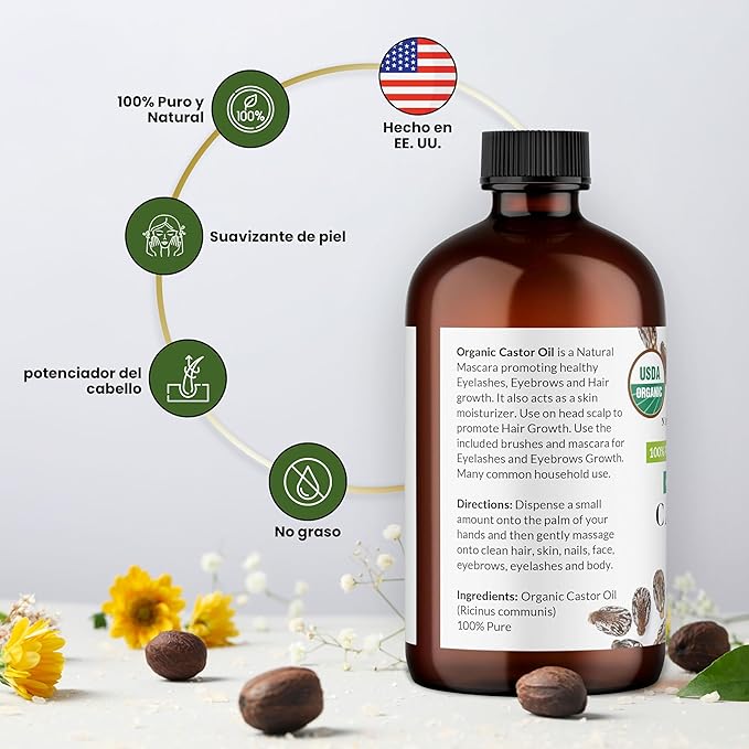 NaturoBliss 100% Pure Organic Castor Oil, Expeller-Pressed, Hexane-Free, Premium Carrier & Beauty Oil for Hair Growth, Eyelashes & Eyebrows, Skin Moisture, with Beauty Starter Kit – 2 oz