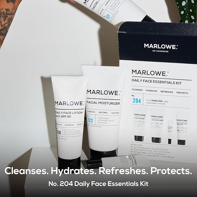 MARLOWE. Men's Skin Care Set, Daily Essential Face Kit, Purifying Facial Cleanser, Hydrating Facial Moisturizer, Revitalizing Eye Cream & Daily Face Lotion with SPF 50, Great Gift for Men, Vegan