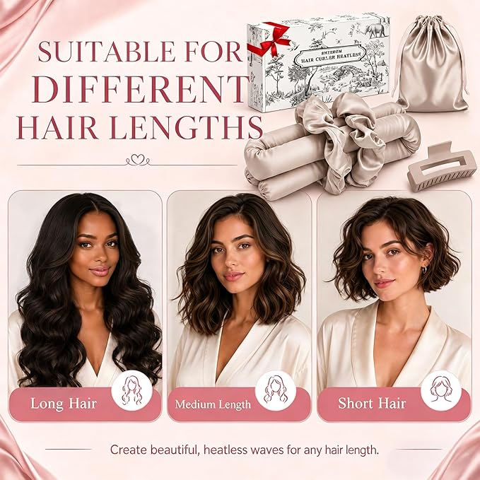 EnteromMuse Heatless Curls Overnight Satin Curling Set No Heat Hair Curler for Long & Short Hair, Heatless Curling Rod&Rollers for Soft Bouncy Curls Complete Kit with Storage Bag(Beige, Original)