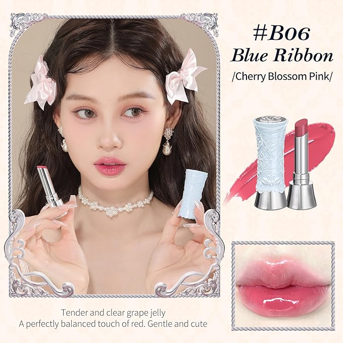 Flower Knows Swan Ballet Shine Lipstick,Hydrating Solid Lip Gloss,Moisturizing Pink Tinted Lip Balm-Long Lasting Lip Gloss in Balm for Girls&Women(B06 Blue Ribbon)