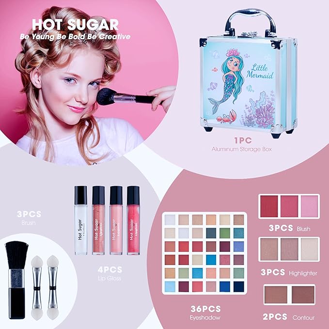 Hot Sugar Girls Makeup Kit for Teenagers 13-15 Includes Eyeshadow Lip Gloss Blush Highlighter Contour Brush (Blue Mermaid)