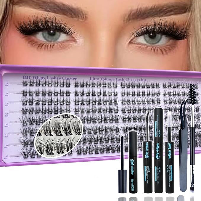 Wispy Lash Clusters Kit, Natural Lash Cluster Eyelash Extensions 256 Pcs C Curl 10-16mm Individual Fluffy False Eyelashes Thin Band DIY Kit for Beginners at Home with Bond Seal Remover Tweezers Brush