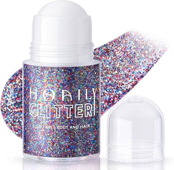 HOSAILY Red White and Blue Roll-on Body Glitter Gel, 4th of July Accessories Holographic Face Glitter Gel, Fourth of July Sequins Makeup for President's Day Patriotic Veterans Day