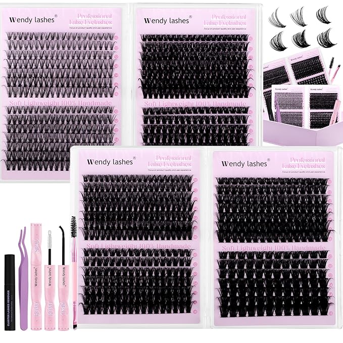 Wendy Lash Clusters Kit Packs: 1200-Pcs,30D,40D,60D,60D,80D,80D,100D,150D,D Curl,10-18mm Mixed, Cat Eye, Soft, Natural, Fluffy, DIY Eyelash, Individual, Eye lash clusters, Bulk Pack