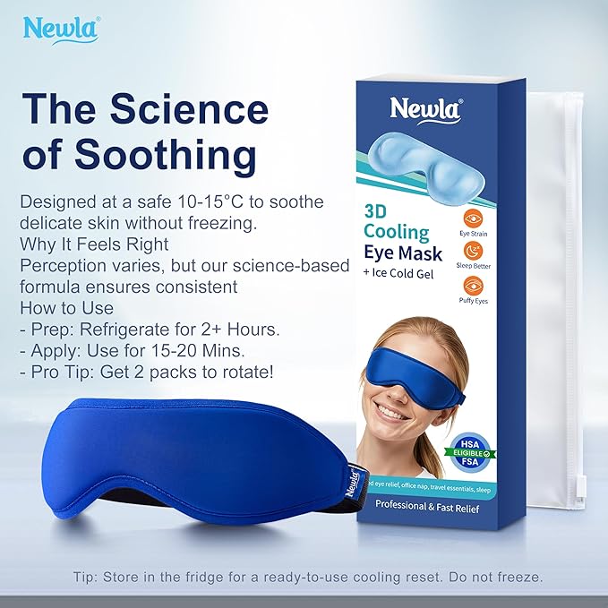 Cooling Gel Eye Mask for Puffy Eyes, Contoured Cold Compress for Eyes, Reusable Cold Eye Mask for Puffiness, Migraine & Tired Eyes, Post Surgery, Ice Gel Pack for Eye Care, Adjustable Strap (Blue)