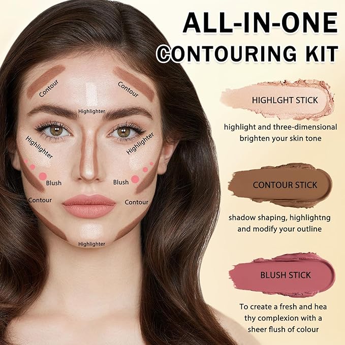 IONSGAKO 6 Colors Cream Contour Stick Makeup Kit, Double-ended Cream Highlighter Stick Bronzer and Blush Stick for Sculpt the Cheeks, Matte & Dewy Finish, Face Contour Kit for Beginners, Set A
