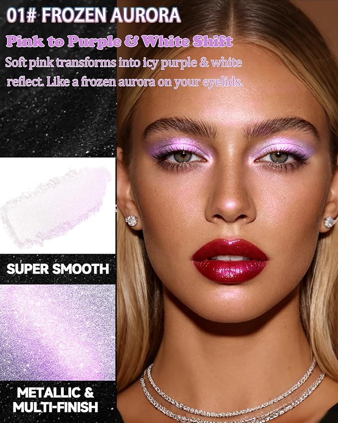 Chameleon Duochrome Glitter Eyeshadow Palette, Holographic Shimmer Single Eye Shadow Palettes, Color Shift Sparkle Iridescent, Multichrome Metallic Eye Brightener Highlighter Makeup-01 Frozen Aurora
