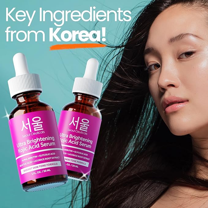 SeoulCeuticals Korean Skin Care Kojic Acid Serum Alpha Arbutin – Dark Spot Remover Corrector Glycolic Acid + Salicylic Acid K Beauty 1oz