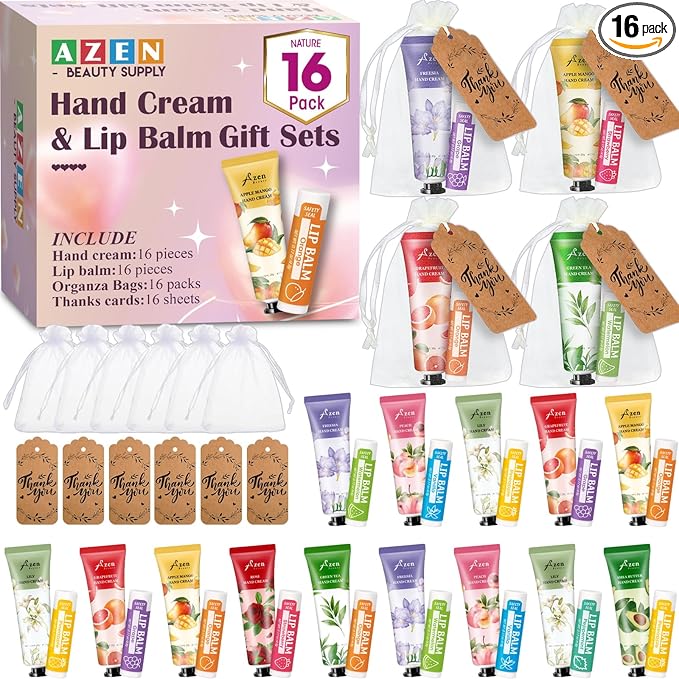 AZEN 16 Sets Bulk Gifts, Hand Cream and Lip Balm Bulk Set with Organza Bag Thank You Card, Baby Shower Wedding Gift for Guests, Bridal Wedding Favors for Guests, Mothers Day Gifts Stocking Stuffers