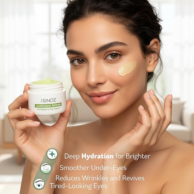 sinoz Hydrating Eye Cream with Avocado Oil, Caffeine & Peptides, 15 ml - Avocado Eye Cream, Dark Circles Eye Cream for Puffiness & Dry Under Eyes, Day and Night Skincare for Women