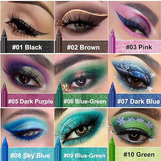 LemonSac 15PCS Colorful Eyeliner Pen Set, Eye Shadow Pencil, Pearl & Matte Metallic Glitter Eyeliner for Women, Eye & Lip Liner, Professional Eye Makeup Set