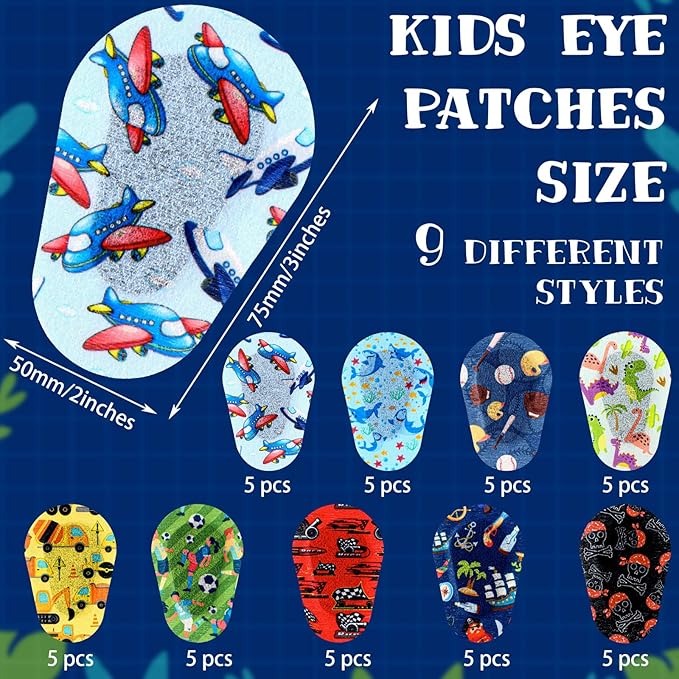 Panelee 45 Pcs Adhesive Eye Patches for Kids Boys 9 Styles Eye Patches Latex Free Eye Pad Bulk Light Blocking Fun Cute Boys Designs Cotton Adhesive Bandages for Boys Toddler