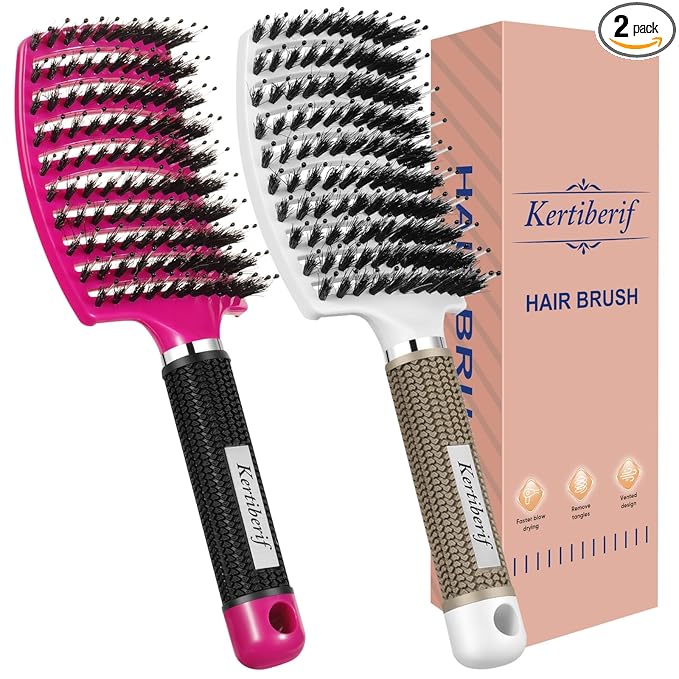 Boar Bristle Hair Brush 2PCS, Curved Vented Detangling Brush for Wet and Dry Hair, Styling Paddle Hairbrush for Women Men Kids Curly Straight Thick Long or Short Hair