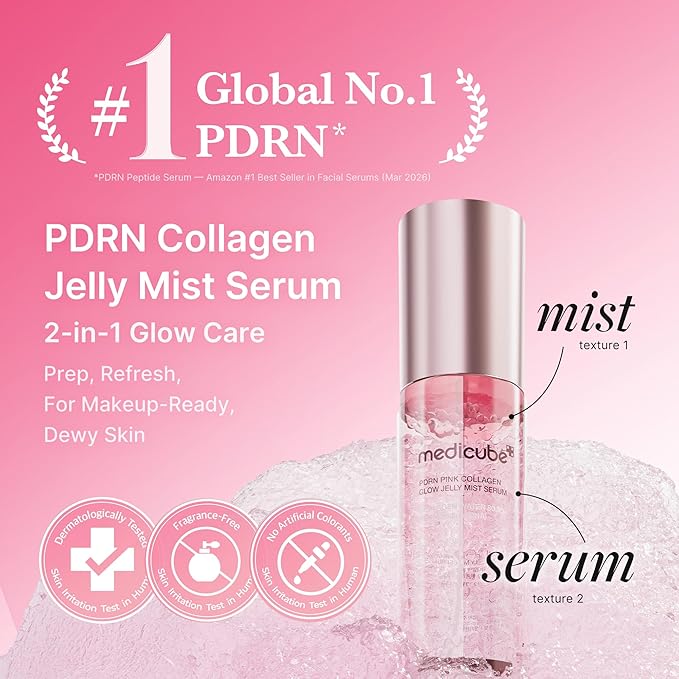 medicube Jelly Mist Serum with Pink PDRN Collagen | Dual-Texture Glow Spray with Niacinamide, Glutathione, Ceramide, Hyaluronic Acid | for Hydration, Radiance, Plump-Looking Skin | 3.38 fl.oz