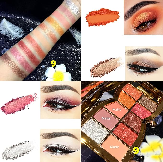 Glitter Eyeshadow Palette, 10 Colors Sparkle Shimmer & Matte Eye Shadow Highly Pigmented Waterproof Long Lasting Makeup Set (Color 9)